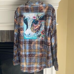 Upcycled Sweet Cow Face Flannel Shirt on Size L. Excellent Condition.